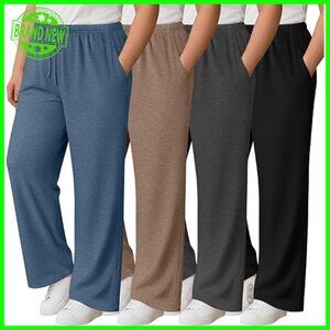 Plus Size Wide Leg Lounge Pants with Pockets, 4 Pack Yoga Sweatpants